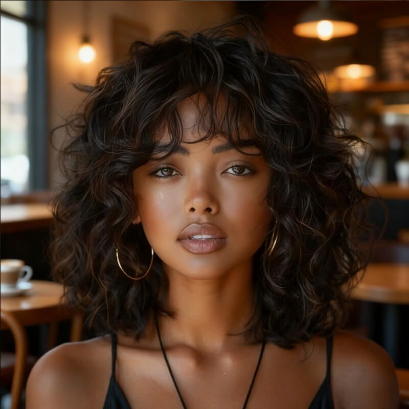 IDefinewig Glueless Brown Highlight Curly Wigs With Bangs Lace Front Human Hair Wigs