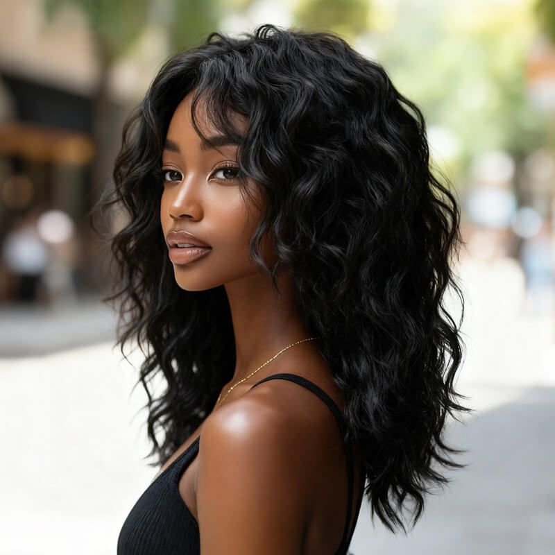 IDefinewig Glueless Beach Curly Wigs With Bangs Lace Front Human Hair Wigs