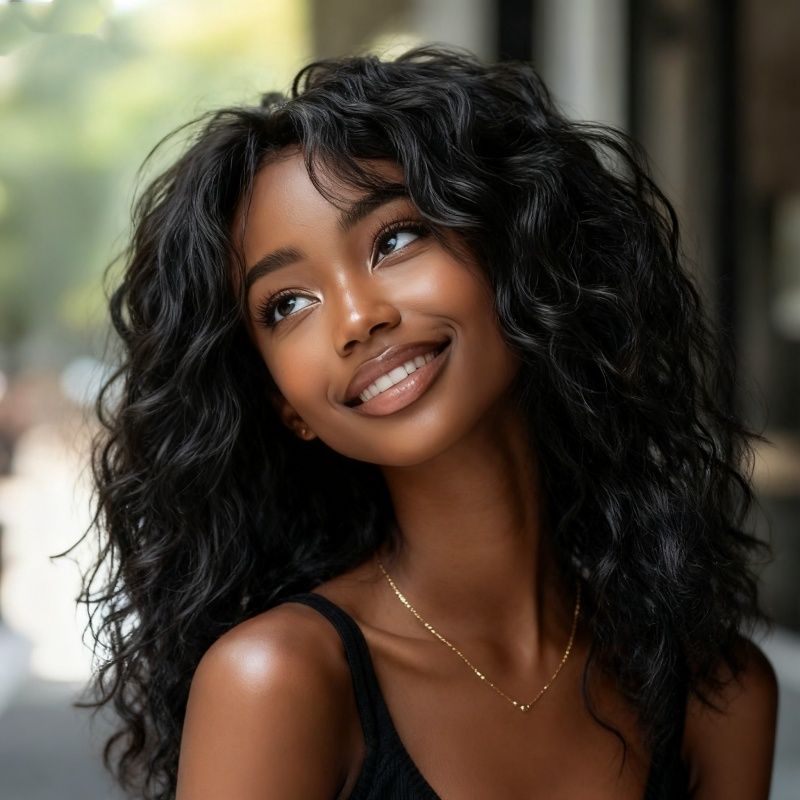 IDefinewig Glueless Beach Curly Wigs With Bangs Lace Front Human Hair Wigs