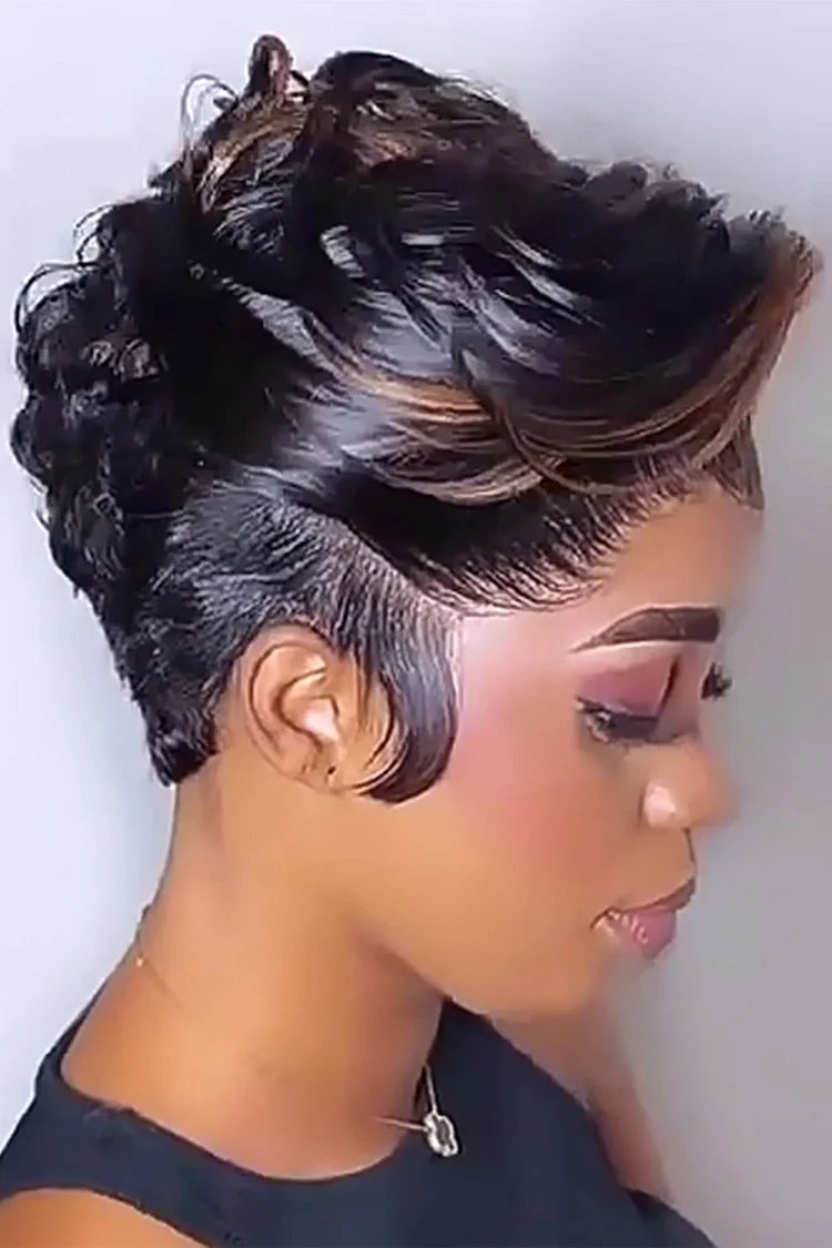 Daily Black Gradient Highlighted Curly Tilted Frisette Short Wigs