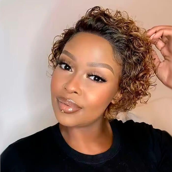 Wear and Go Wigs Short Pixie Cut Curly Wigs Ombre Pre Cut Lace Wigs